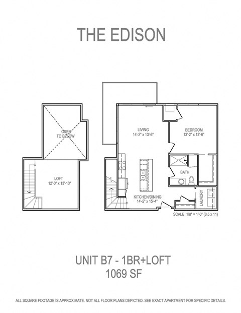 Floor plan for 1 bed, 1 bath, 1069 sqft